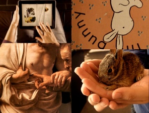 A collage. Clockwise from top left: someone reading on the iPad, a copy of Pat the Bunny, someone holding a baby rabbit, and Caravaggio's Doubting Thomas (detail).